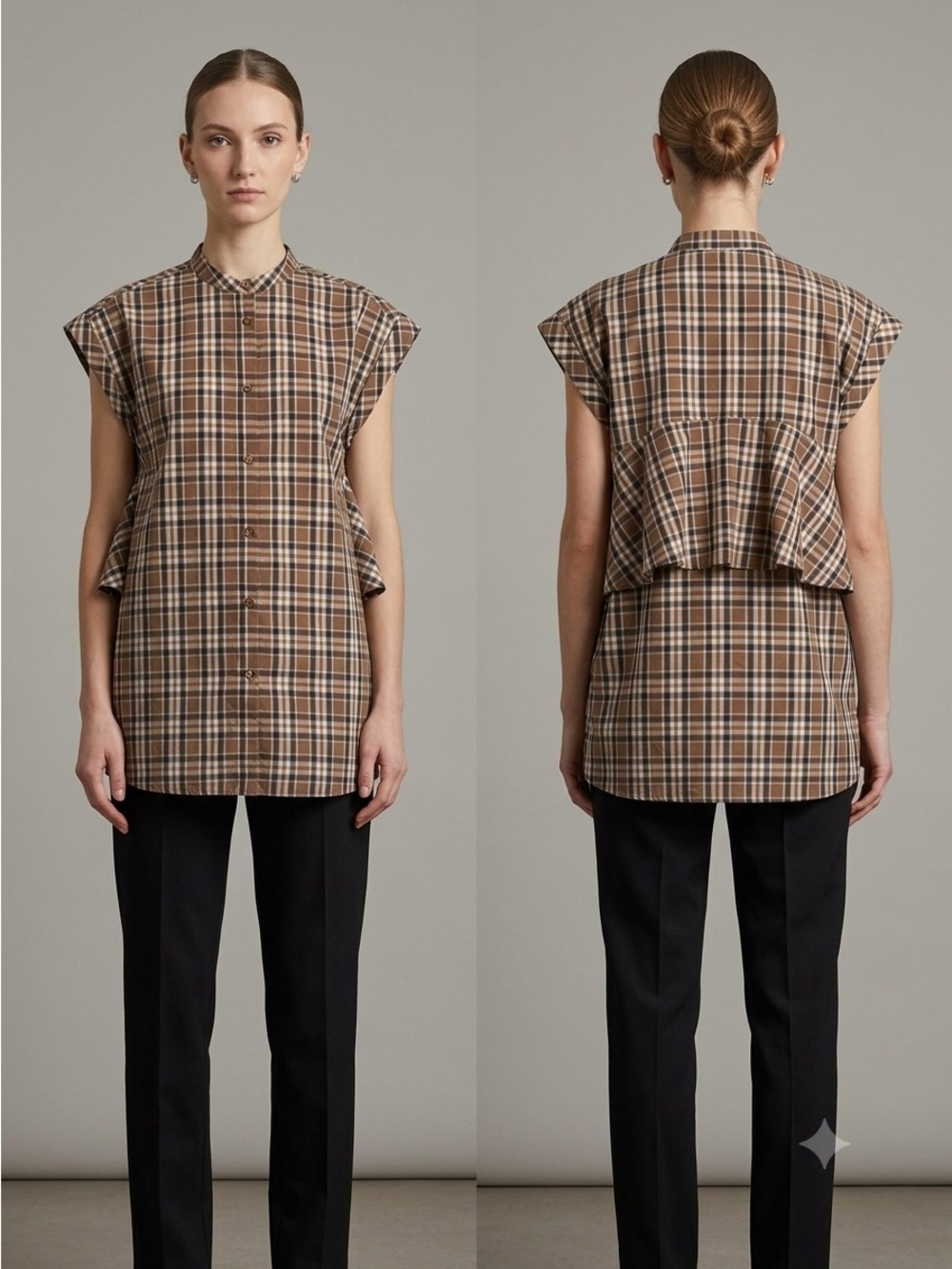 Classic Brown Blue Plaid Sleeveless Tunic Blouse - Small, Japanese brand 🇯🇵